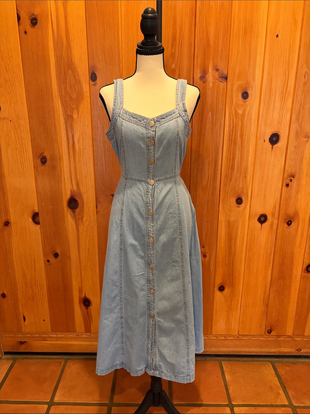Given Kale Light Wash Denim Button Front Midi Dress Tie Waist Size Small